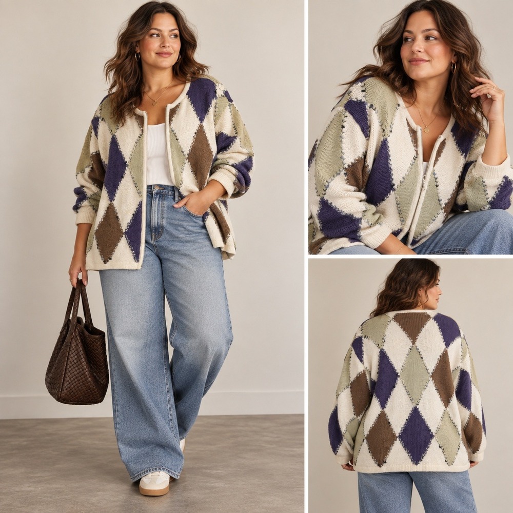 Vintage Dressbarn Argyle Zip Cardigan 22/24 Cotton Sweater Plus Size Y2K